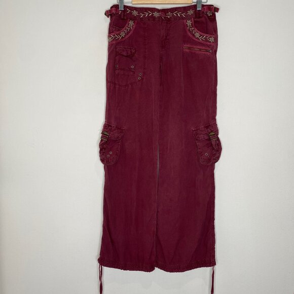 Da-Nang Vintage Y2K Surplus Indo-Chine Embroidered Cargo Pants Port Burgundy - Picture 1 of 13